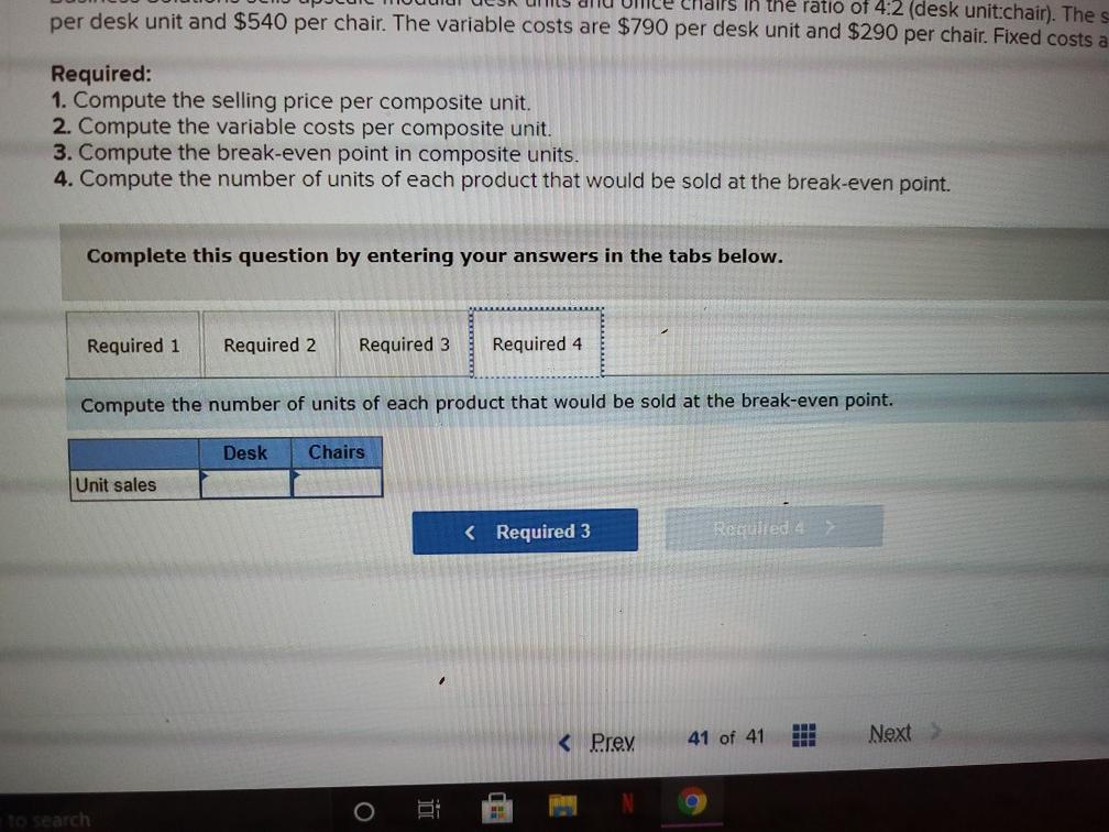 chair). The selling prices are $1.290 per desk unit and $540 per