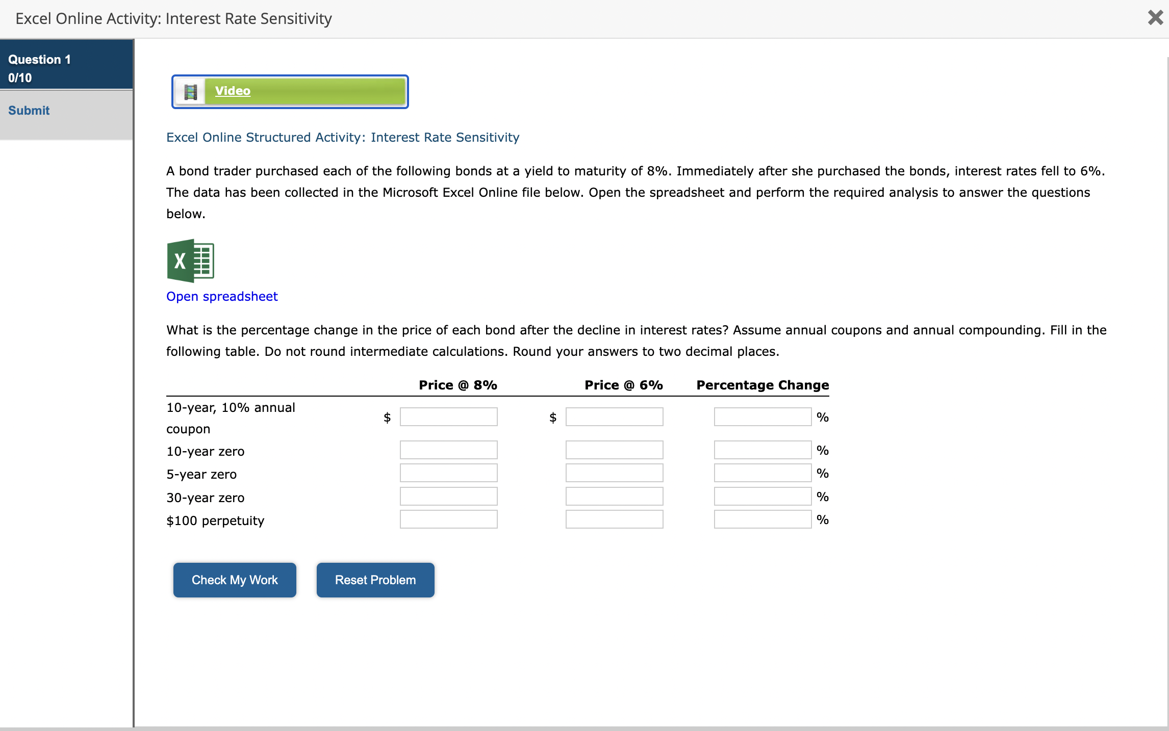  Excel Online Activity: Interest Rate Sensitivity Question 1 0/10 Submit Excel