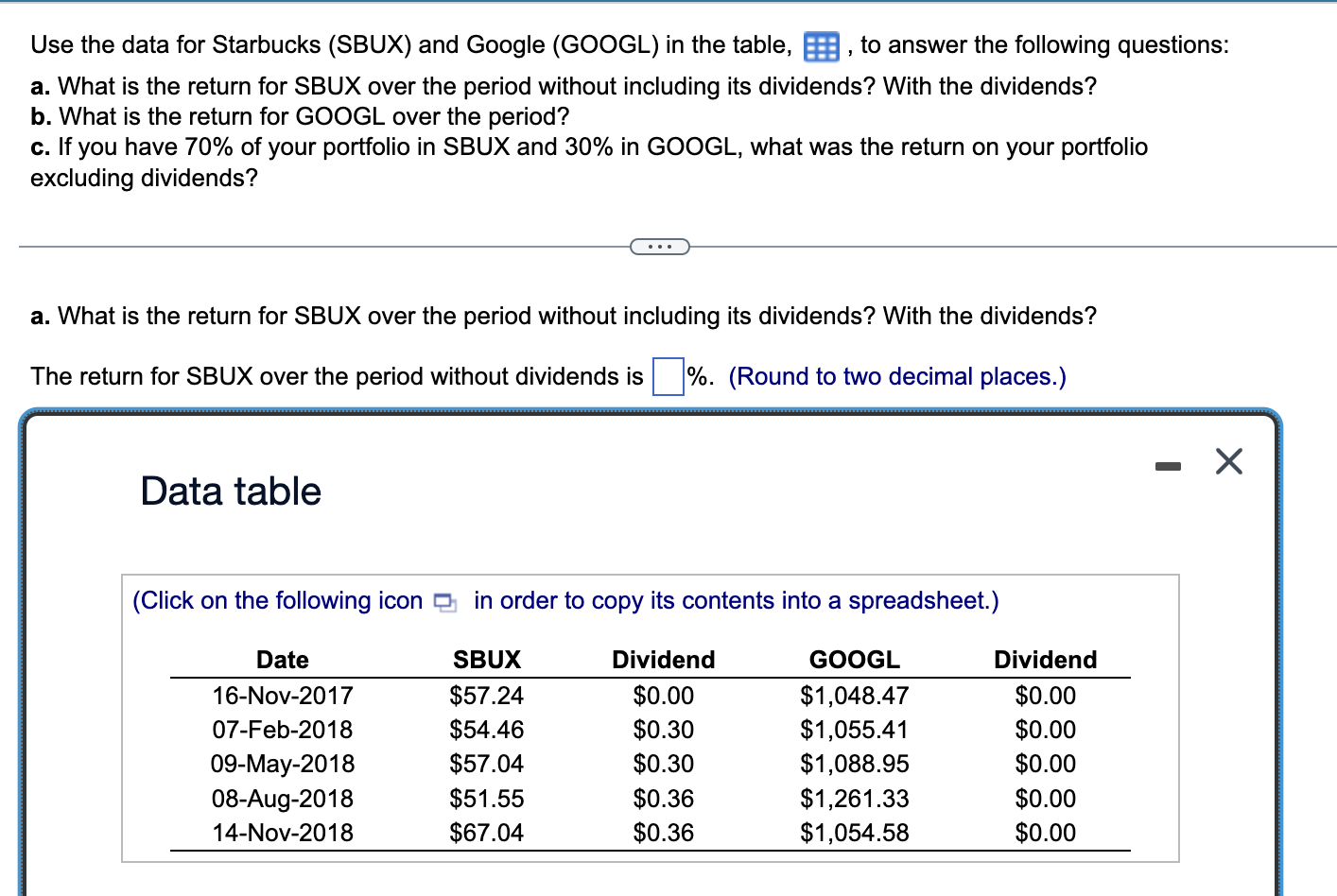  a. What is the return for SBUX over the period without