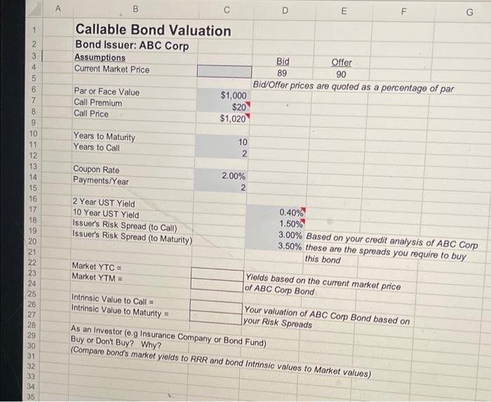  B D E F G 10 N Callable Bond Valuation Bond