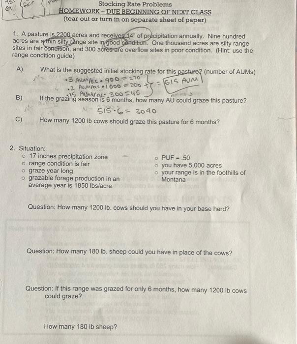  Stocking Rate Problems HOMEWORK - DUE BEGINNING OF NEXT CLASS (tear