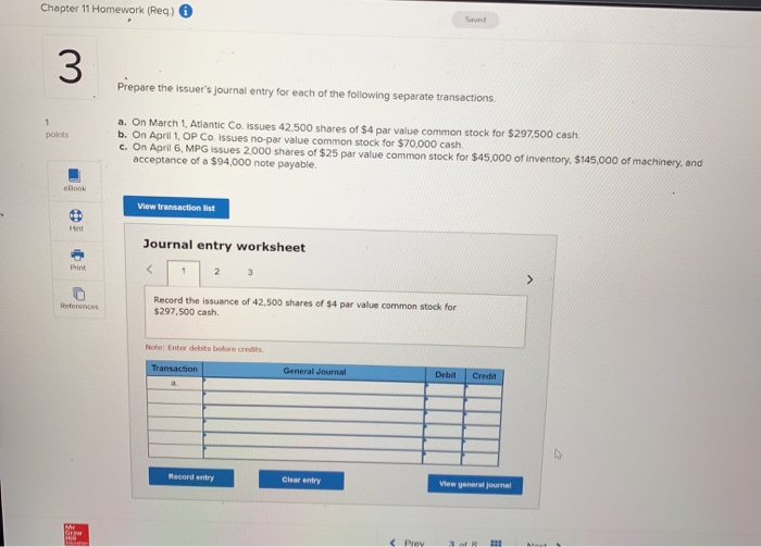  Chapter 11 Homework (Reg.) Prepare the issuer's journal entry for each