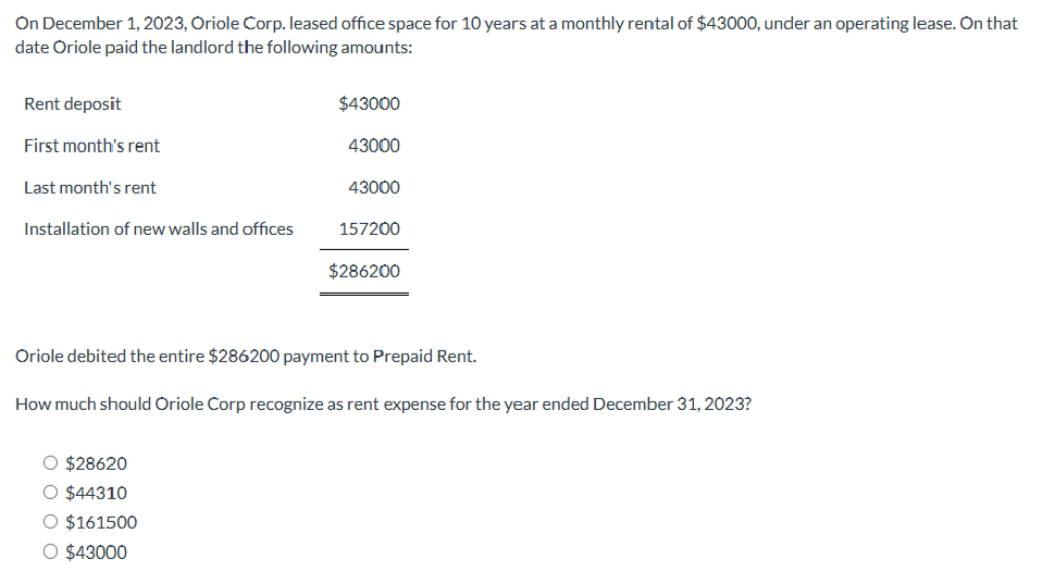  On December 1,2023, Oriole Corp. leased office space for 10 years