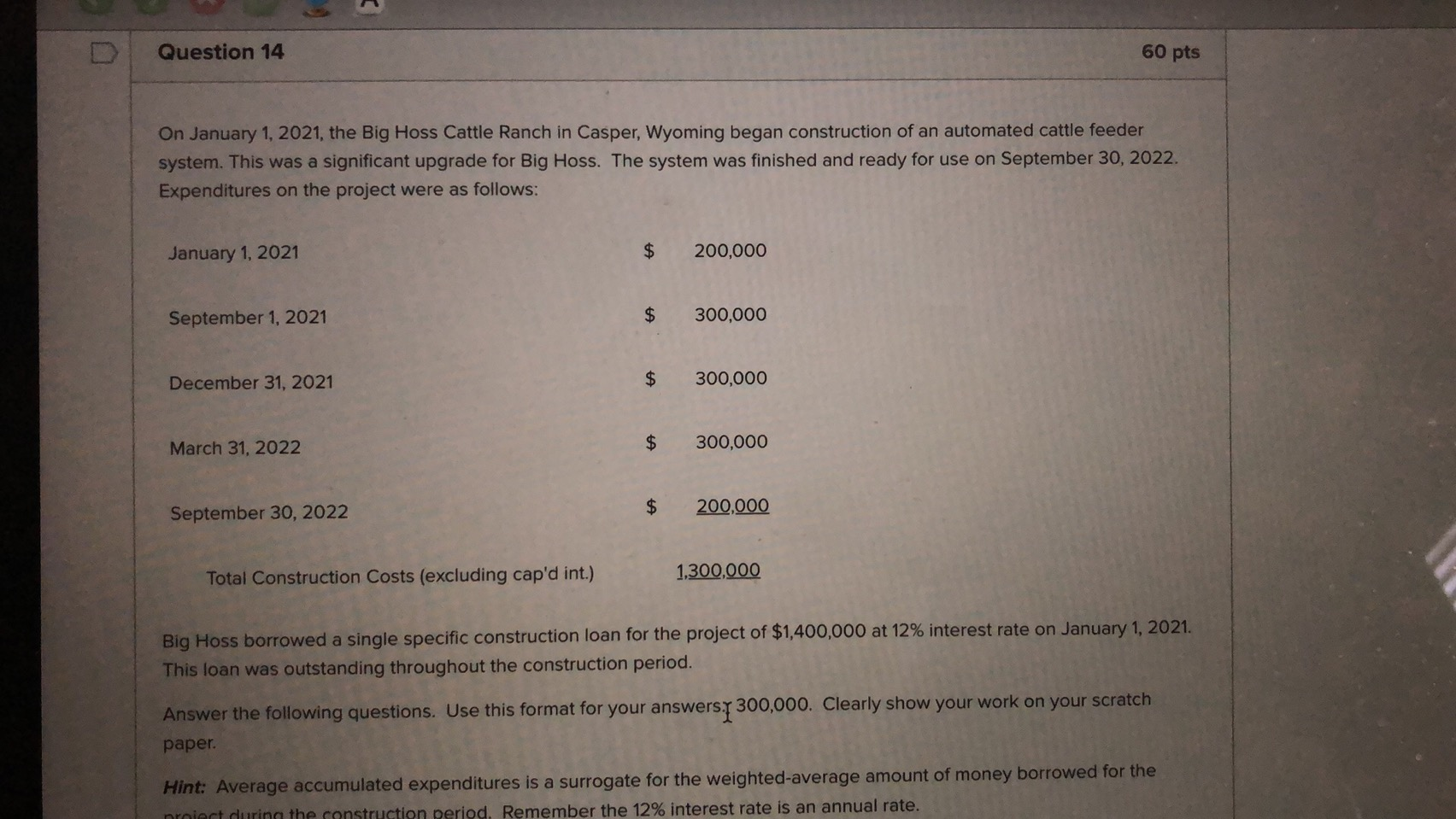 of $1,400,000 at 12% interest rate on January 1, 2021 This loan