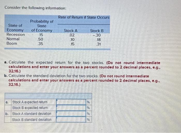  Consider the following information: a. Calculate the expected return for the