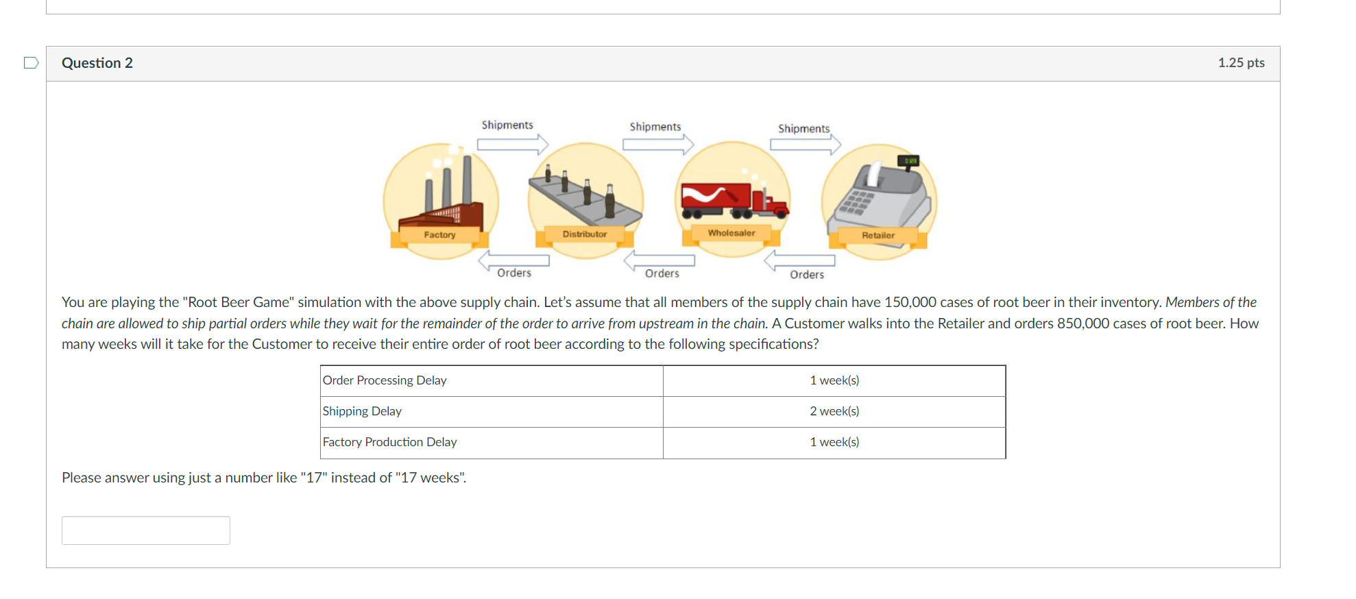 weeks". You are playing the "Root Beer Game" simulation with the above
