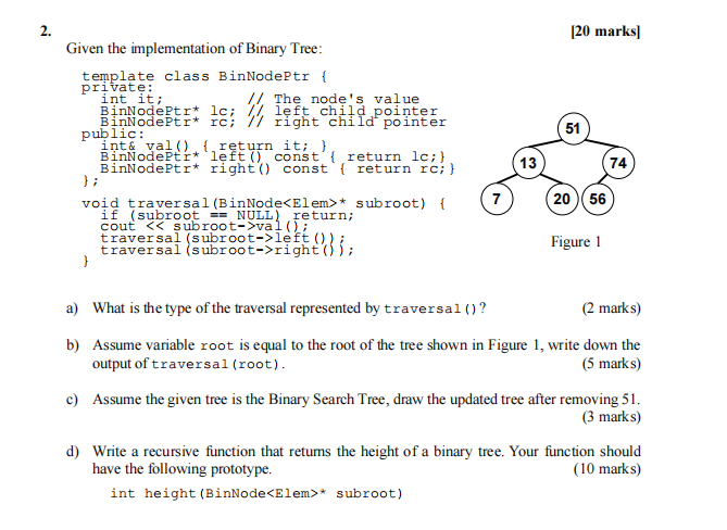 Given the implementation of Binary Tree: template class BinNodePtr { private: int