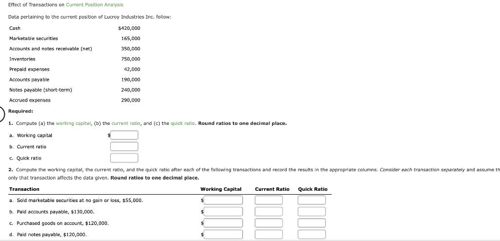  Effect of Transactions on Current Position Analysis Data pertaining to the