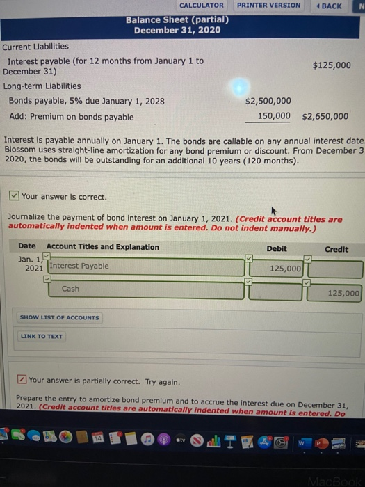  PRINTER VERSION BACK CALCULATOR Balance Sheet (partial) December 31, 2020 Current