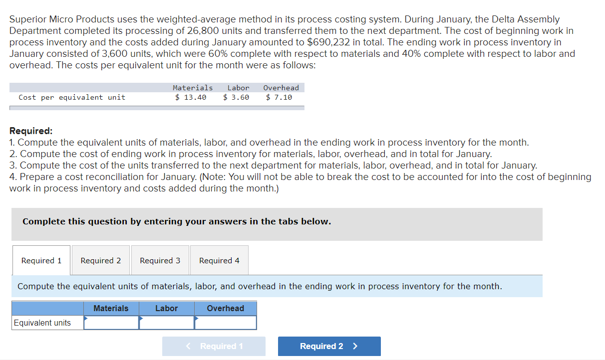 Superior Micro Products uses the weighted-average method in its process costing