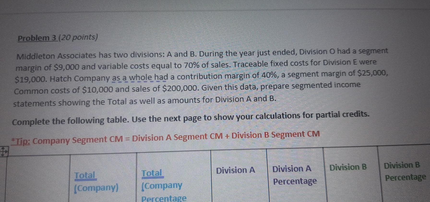  Problem 3 (20 points) Middleton Associates has two divisions: A and