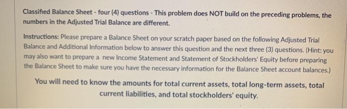  Classified Balance Sheet-four (4) questions - This problem does NOT build
