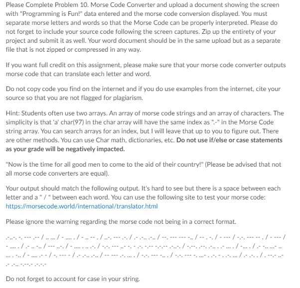  Visual C# Please Complete Problem 10. Morse Code Converter and upload