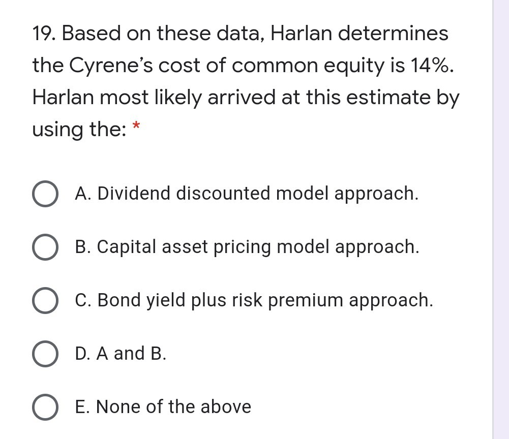 Harlan, CFA, is estimating the cost of common equity for Cyrene Corporation.