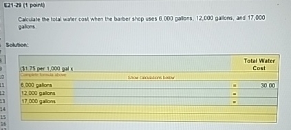  E21-29(1 point) Calculate the total waler cost when the barber shop