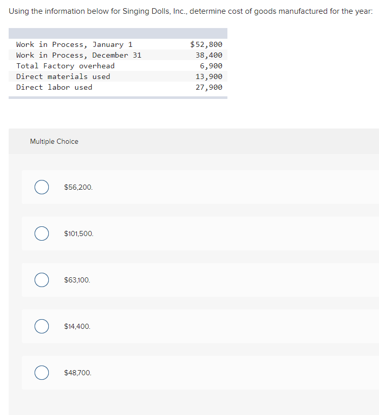 Using the information below for Singing Dolls, Inc., determine cost of