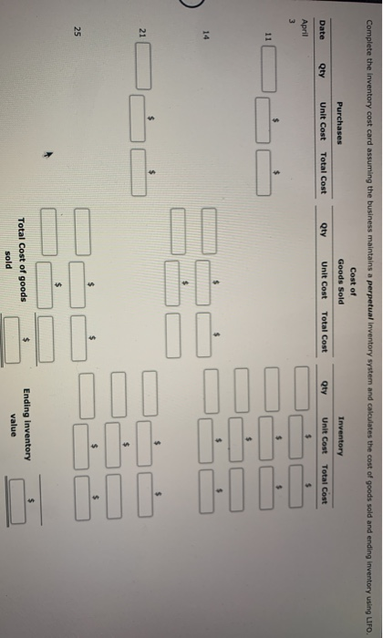 April 3 11 Inventory Purchase Sale Purchase Sale 15 units 12 units