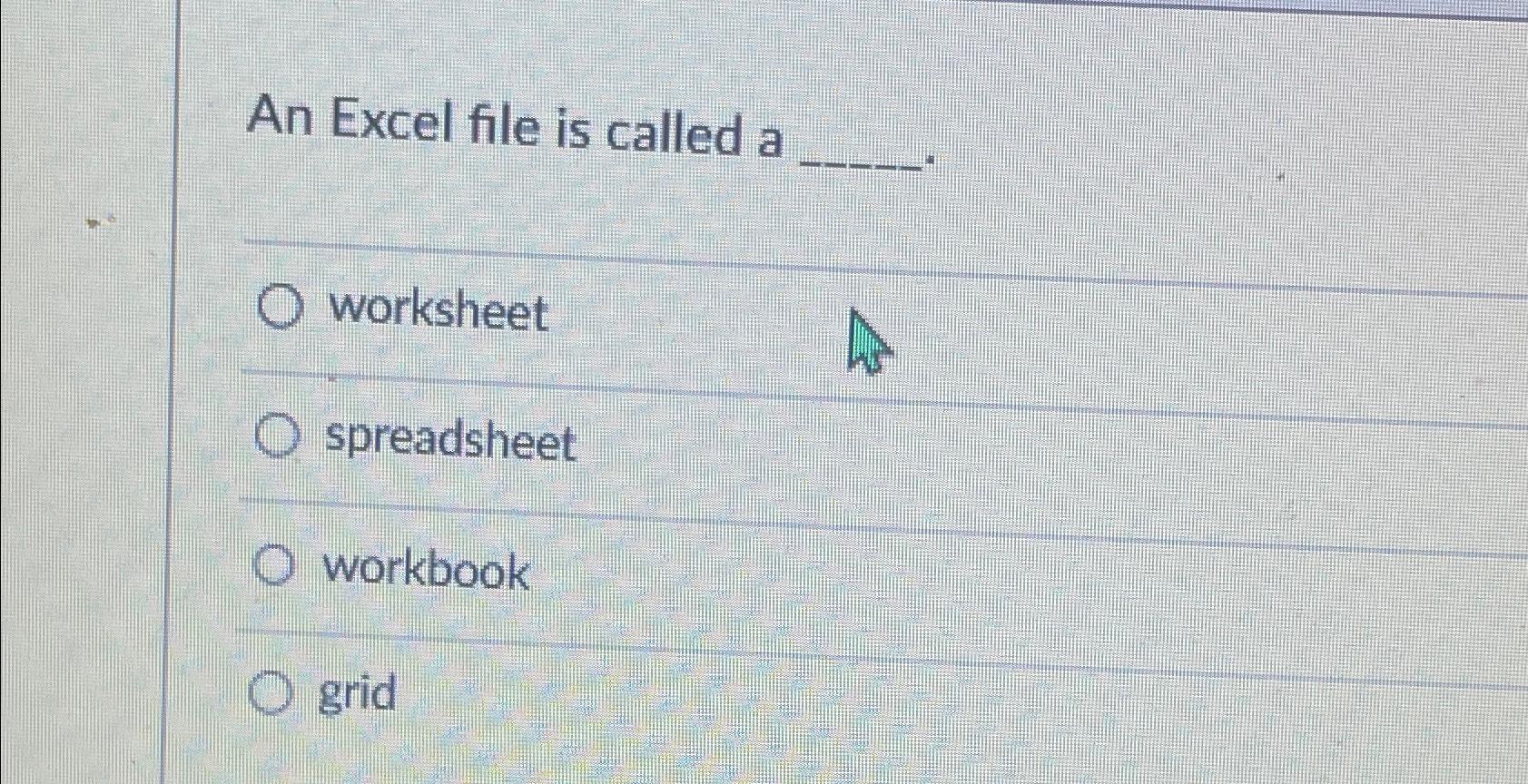  An Excel file is called a worksheet spreadsheet workbook grid 