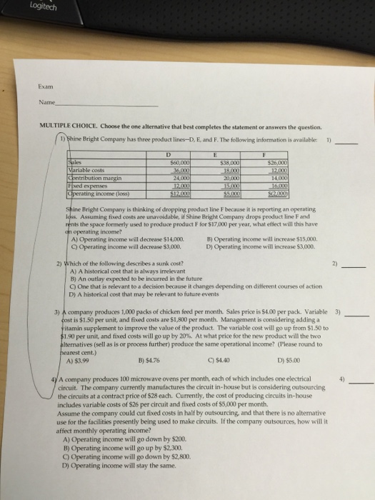  Shine Bright Company has three product lines - D, E, and