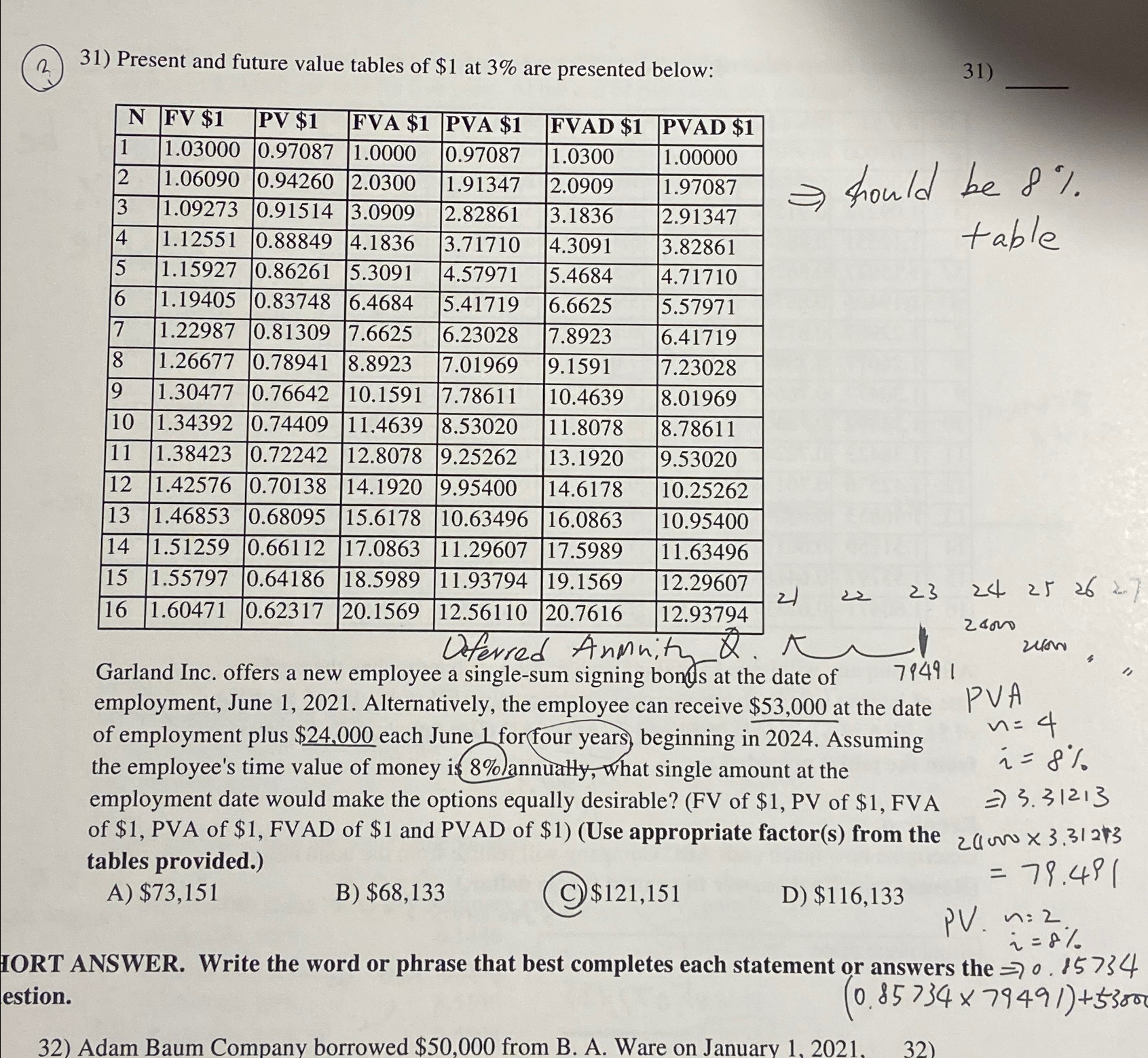  (2.)31) Present and future value tables of $1 at 3% are