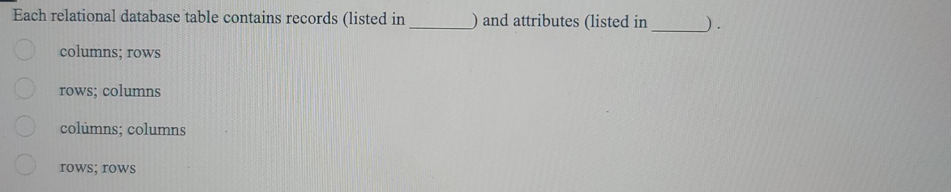 Each relational database table contains records (listed in and attributes (listed