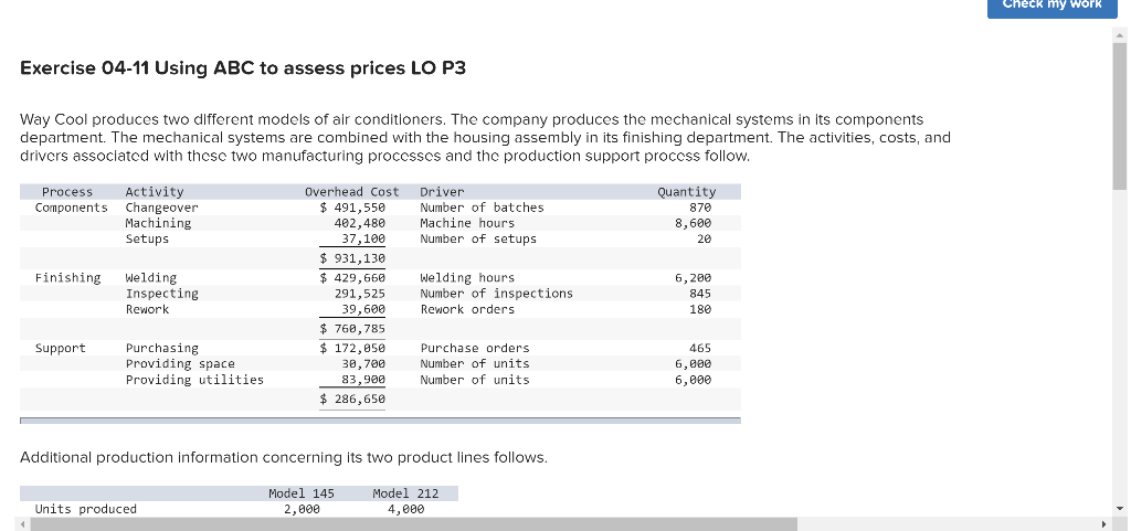  Check my work 291.525 Exercise 04-11 Using ABC to assess prices