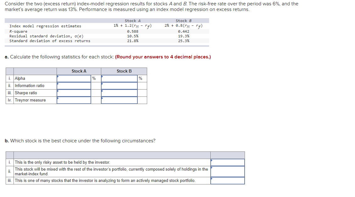  Consider the two (excess return) index-model regression results for stocks A