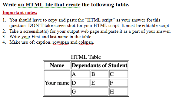 Write an HTML file that create the following table. Write an HTML