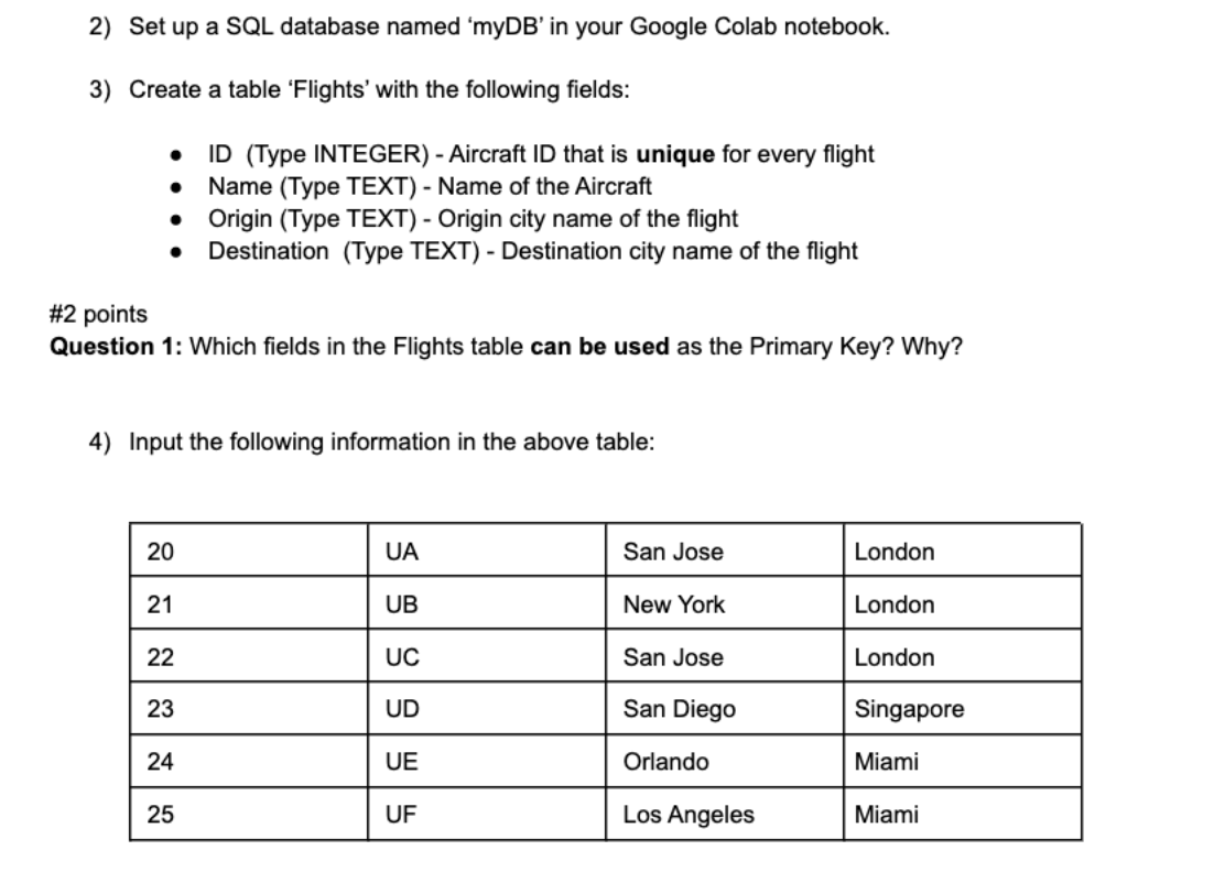  3) Create a table 'Flights' with the following fields: - ID