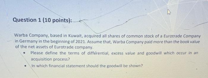  Question 1 (10 points): Warba Company, based in Kuwait, acquired all