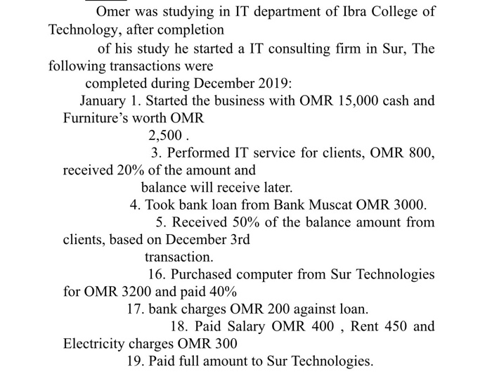 trial balance of Omer's IT consulting firm Sur on 31" December 2019
