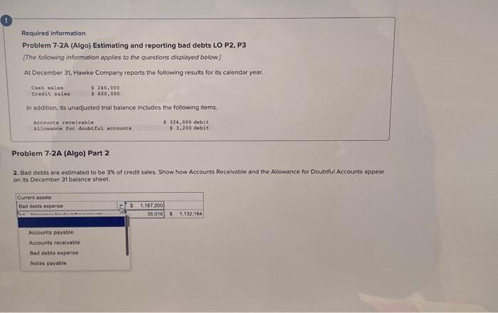  Required information Problem 7-2A (Algo) Estimating and reporting bad debts LO