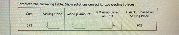 Complete the following table. Show solutions correct to two decimal places.