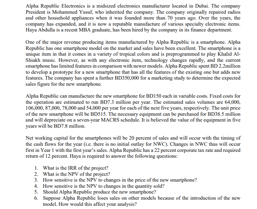 please help in finance Alpha Republic Electronics is a midsized electronics manufacturer