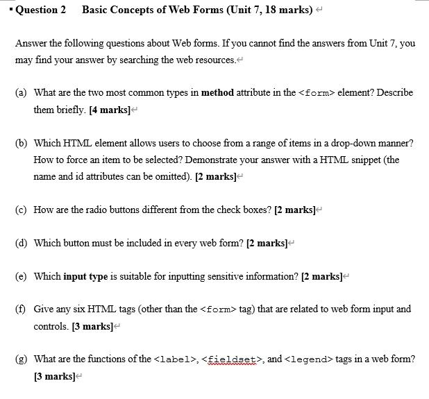  - Question 2 Basic Concepts of Web Forms (Unit 7, 18