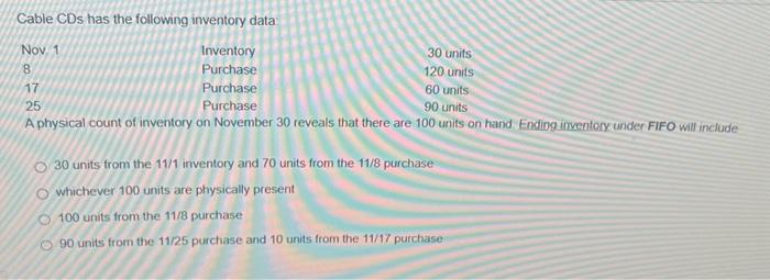  Cable CDs has the following inventory data A physical count of