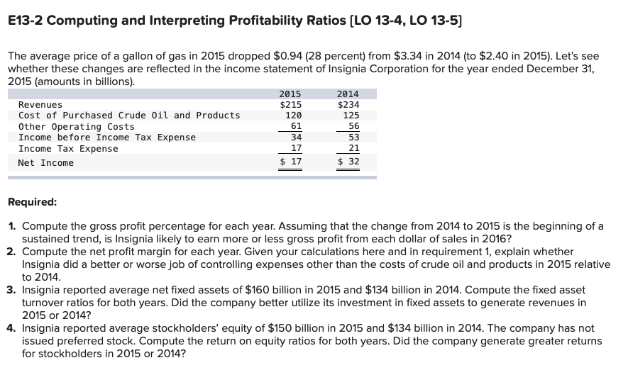  E13-2 Computing and Interpreting Profitability Ratios (LO 13-4, LO 13-5) The