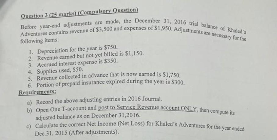  Question 3 (25 marks) (Compulsory Question) Before year-end adjustments are made,