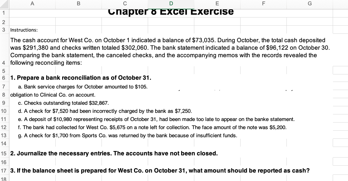  A B D E F G 1 Chapter 8 Excel Exercise