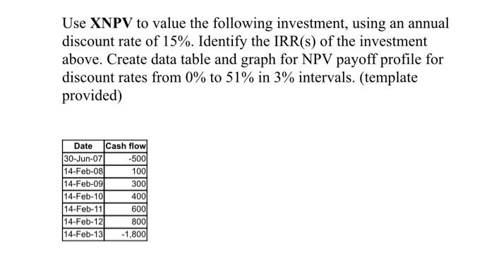 help please and provide excel spreadsheet also with graph Use XNPV to