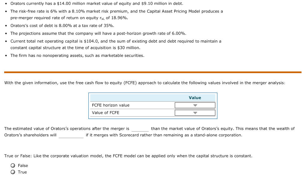 (FCFE) approach Consider the following acquisition data regarding Scorecard Corp. and Orators