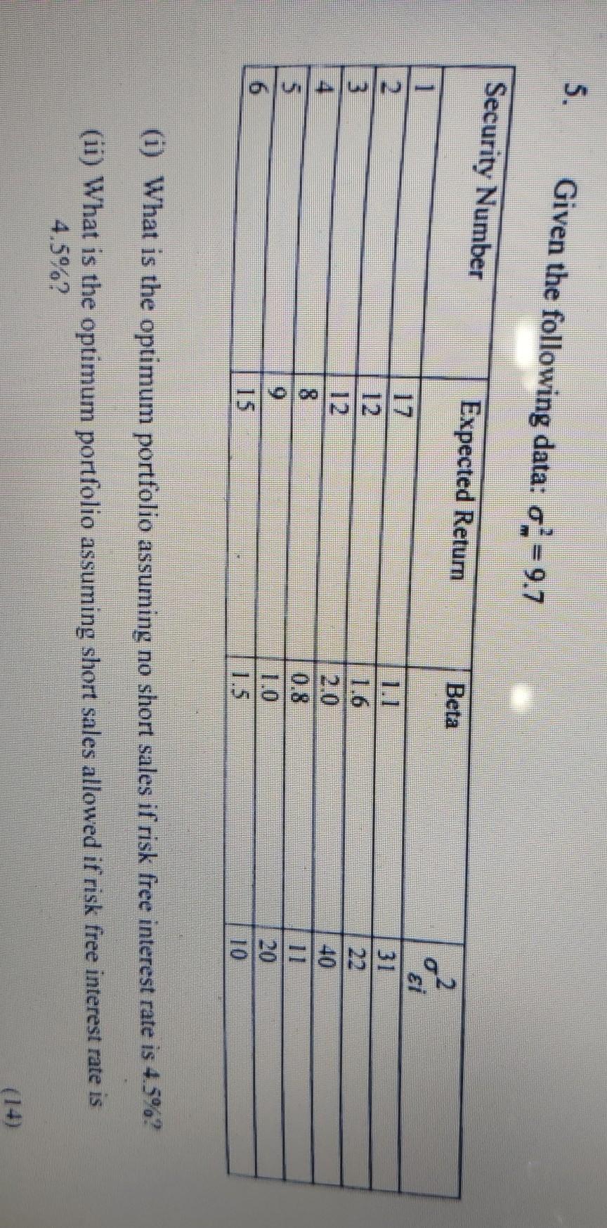  5. Given the following data. o? = 9.7 Security Number Expected