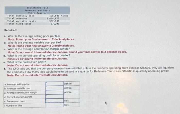  a. What is the average selling price per tile? Note: Round