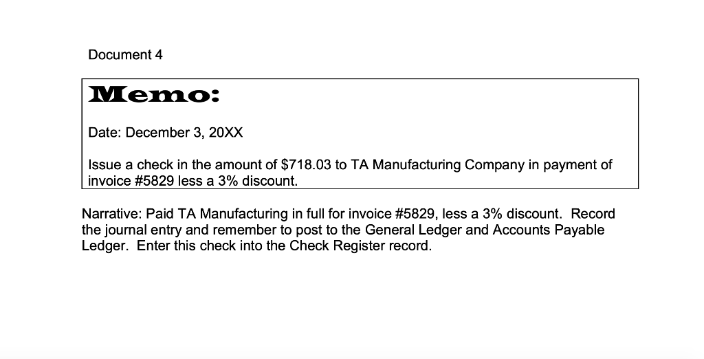  Document 4 Memo: Date: December 3, 20XX Issue a check in