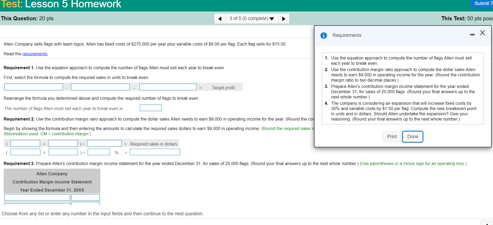 Test: Lesson 5 Homework Submit T This Question: 20 pts 3
