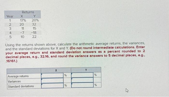  Using the returns shown above, calculate the arithmetic average returns, the
