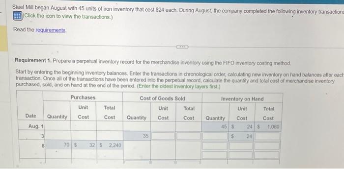iron inventory that cost \$24 each. During August, the company completed the