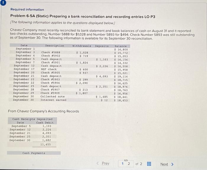  Required information Problem 6-5A (Static) Preparing a bank reconciliation and recording