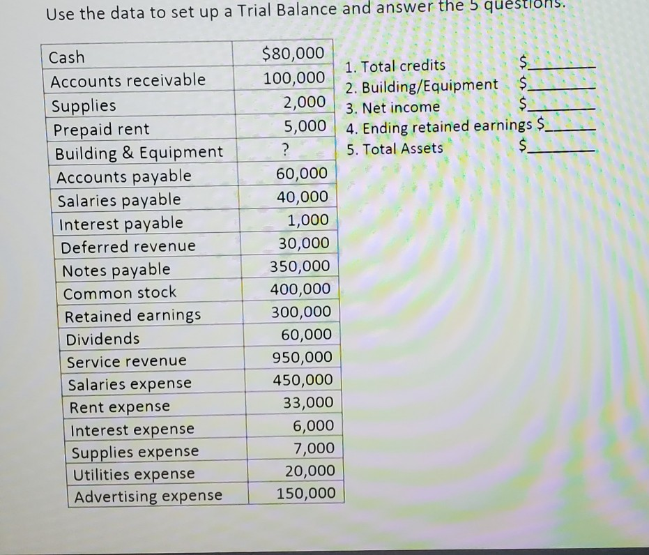 Use the data to set up a Trial Balance and answer