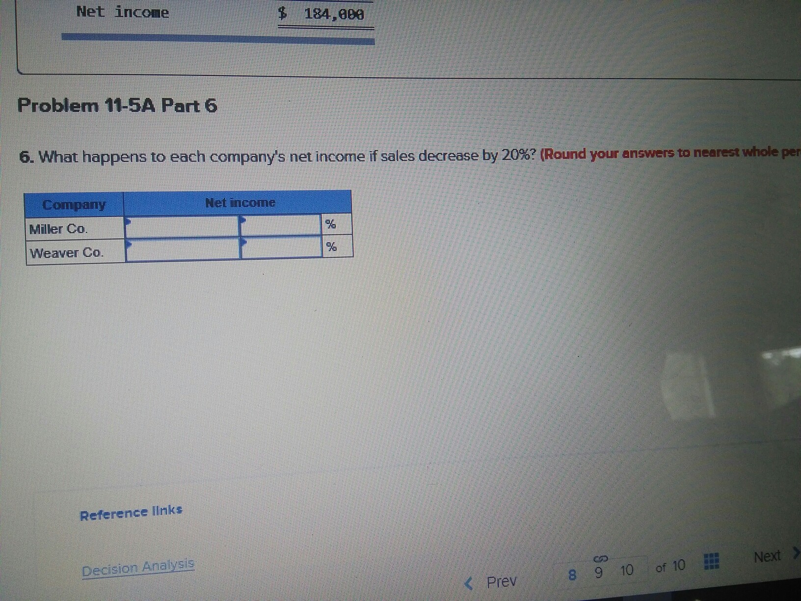 and pay no income taxes). nts Miller Company Sales Variable expenses eBook